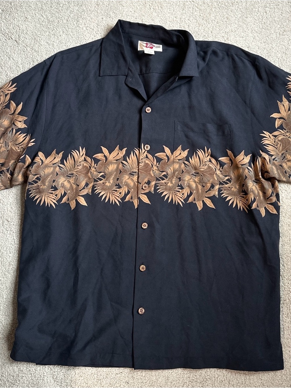 Hilo Hattie Black Silk Hawaiian Camp Shirt with Palm Frond Design
